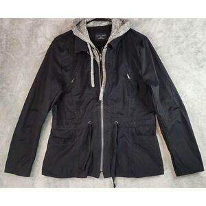 Love Tree Jacket Womens Large Black Hooded Anorak Pockets Drawstring Waist